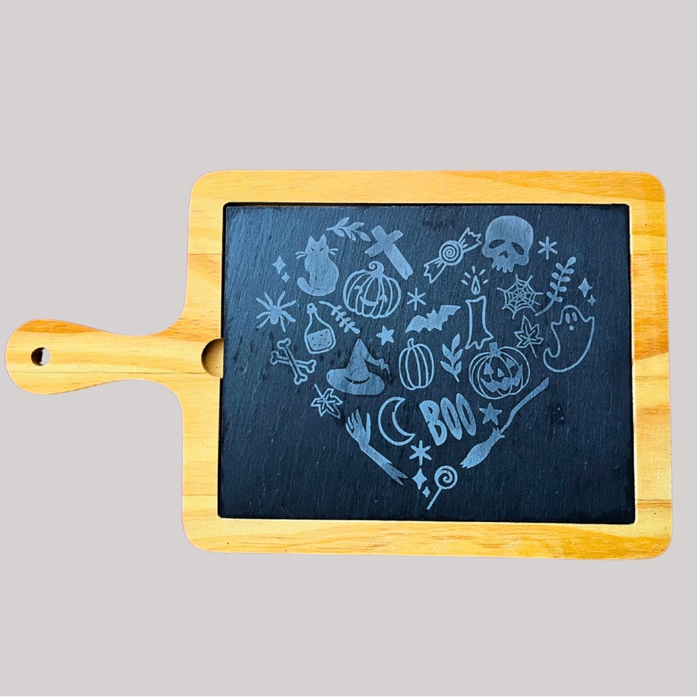 Laser Engraved Halloween Heart Cheese Board Slate and Wood Charcuterie